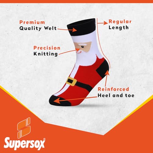 Supersox Christmas Crew Socks for Men & Women - Breathable Combed Cotton - Sweat Absorbent - Anti Odour, Ideal for Gifts, Free Size, Pack of 4 (Santa, Reindeer, Snow Flakes & Polka dots) - Image 3