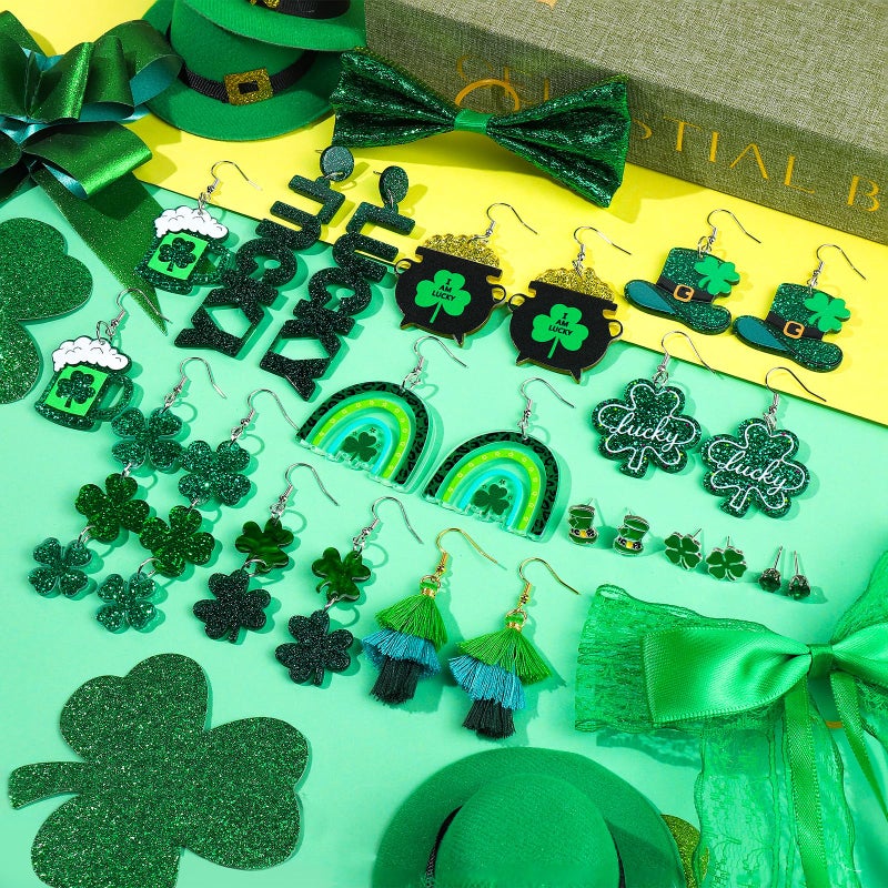 LUYI 12 Pairs St Patricks Day Earrings, Green Clover Shamrock Dangle Stud Dangle Earrings for Women St. Patrick's Day Accessorie Jewelry Gift - Image 3