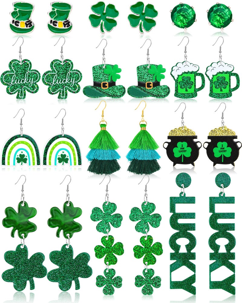 LUYI 12 Pairs St Patricks Day Earrings, Green Clover Shamrock Dangle Stud Dangle Earrings for Women St. Patrick's Day Accessorie Jewelry Gift - Image 1