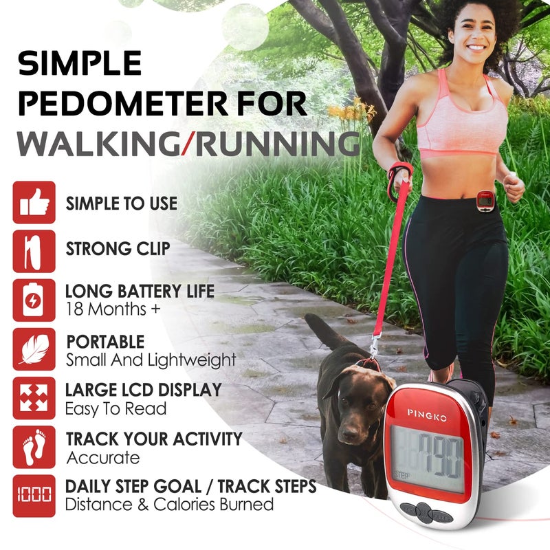 PINGKO Best Pedometer for Walking Accurately Track Steps Multi-Function Portable Sport Pedometers Step/Distance/Calories/Counter - Redâ€¦ - Image 2