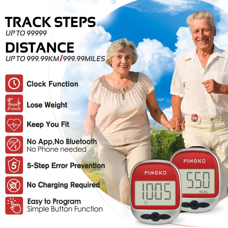 PINGKO Best Pedometer for Walking Accurately Track Steps Multi-Function Portable Sport Pedometers Step/Distance/Calories/Counter - Redâ€¦ - Image 3