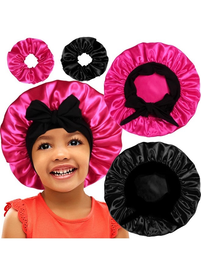 Heniho 2+2 Satin Bonnets With Scrunchies For Kids, Cute Hair Bonnets For Girls Sleeping Curly Hair, F - Image 1