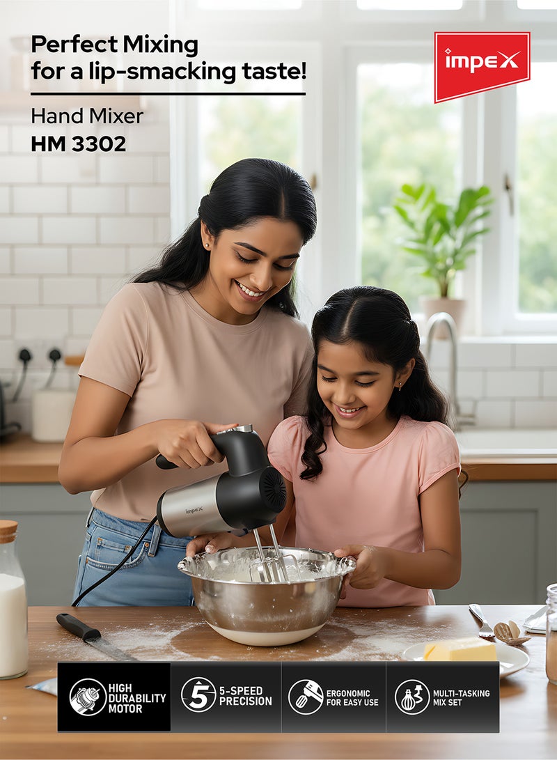 Impex 5-Speed Hand Mixer | Electric Handheld Mixer with Durable ABS Body | Includes Egg Beaters & Dough Hooks | 200W Powerful Motor, Ergonomic Design | Perfect for Whipping Cream, Beating Eggs, or Kneading Dough | HM3302 200 W HM 3302 Black - Image 3