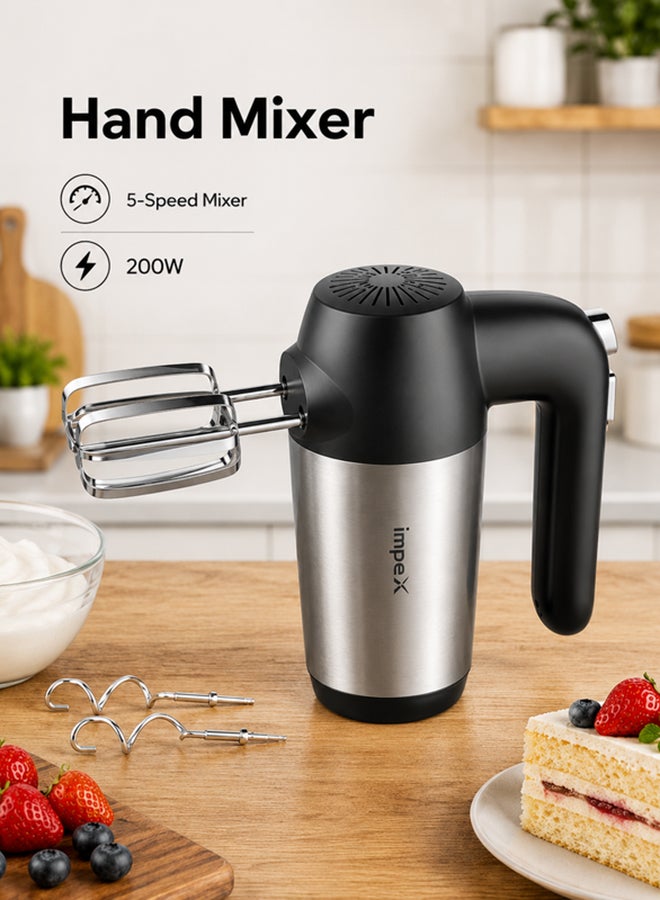 Impex 5-Speed Hand Mixer | Electric Handheld Mixer with Durable ABS Body | Includes Egg Beaters & Dough Hooks | 200W Powerful Motor, Ergonomic Design | Perfect for Whipping Cream, Beating Eggs, or Kneading Dough | HM3302 200 W HM 3302 Black - Image 1