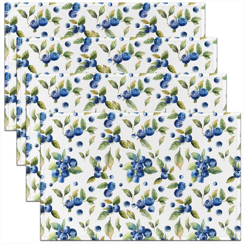 Homewish Watercolor Blueberry Placemats 12x18 Inch Set of 4 Outdoor Fruits Botanical Leaves Decor Place Mats for Kids Teens Adults Wild Plants Rustic Style Kitchen Mats for Dining Table - Image 1