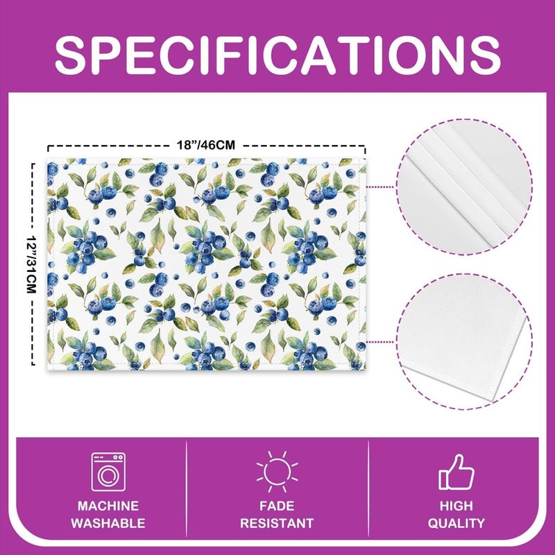 Homewish Watercolor Blueberry Placemats 12x18 Inch Set of 4 Outdoor Fruits Botanical Leaves Decor Place Mats for Kids Teens Adults Wild Plants Rustic Style Kitchen Mats for Dining Table - Image 4