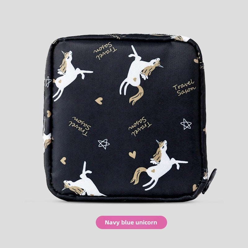 Cartoon aunt towel sanitary napkin storage bag portable large capacity monthly bag student portable sanitary napkin storage Navy blue [unicorn]]