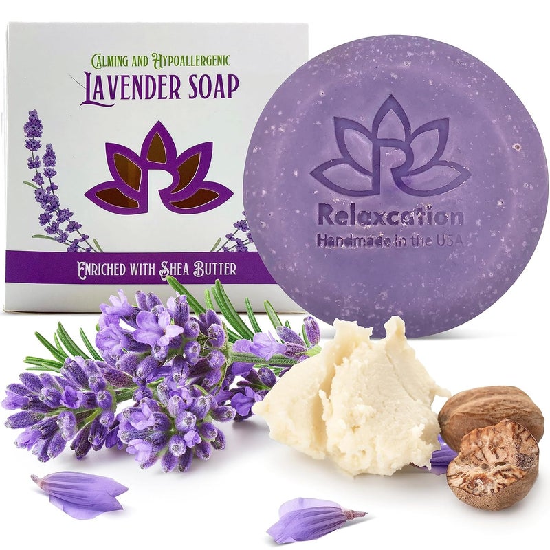 Relaxcation Natural Lavender Soap Bar with Essential Lavender Oil and Organic Shea Butter Organic Olive Coconut Oils Calming and Hypoallergeni Natural Cold Process Soap Handmade in USA - Image 1