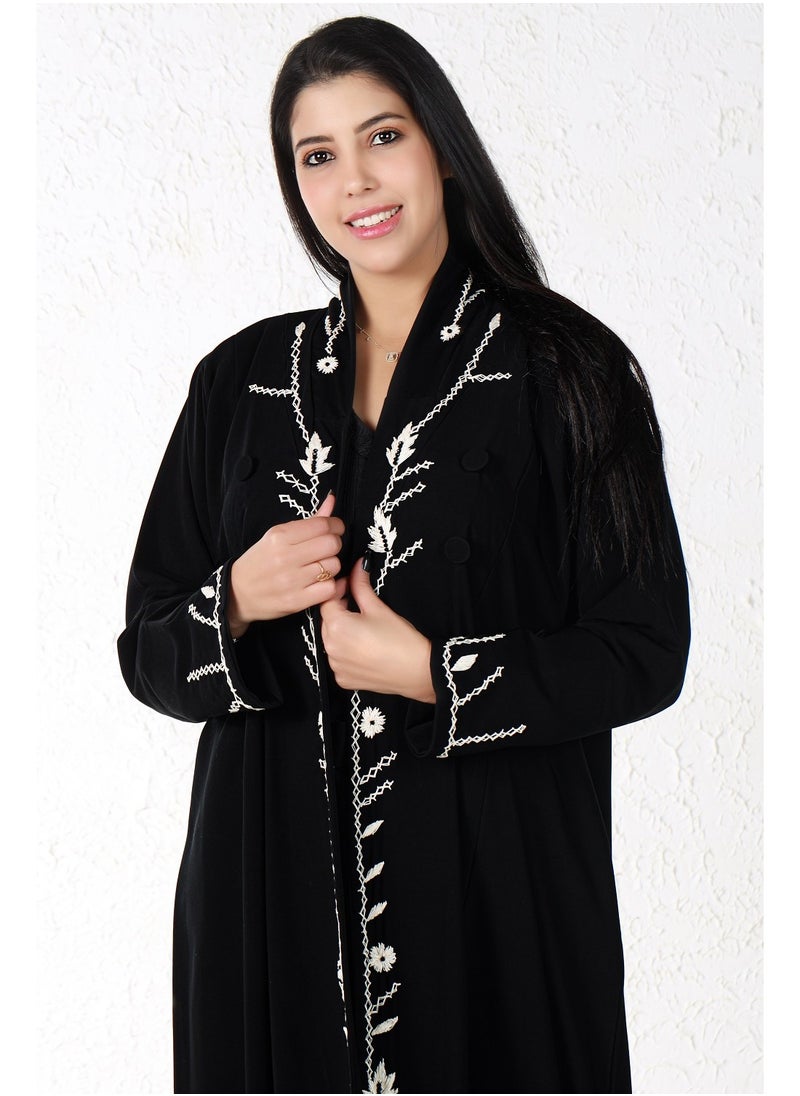 Gaiyda - Black abaya decorated with white embroidery on the front - Image 1