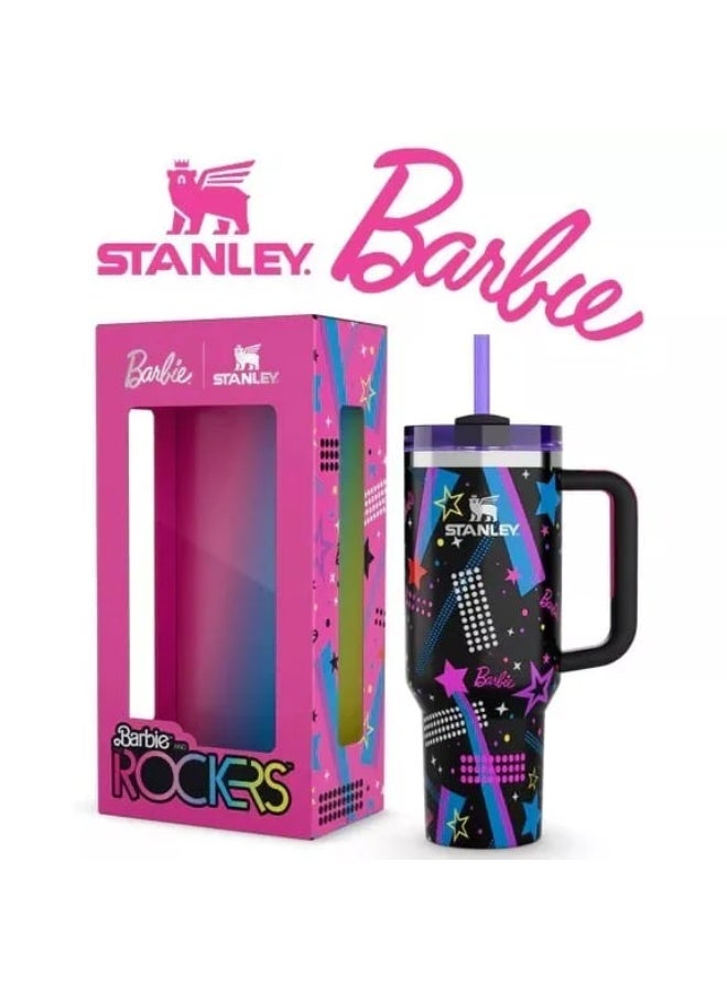 تويسو كوب باربي 80s Rockers Quencher سعة 40 أونصة - إصدار محدود من الفولاذ المقاوم للصدأ 304 معزول بمقبض، وقشة قابلة لإعادة الاستخدام وغطاء مقاوم للتسرب - كوب سفر مزدوج الجدار للمشروبات الساخنة والباردة - Image 1