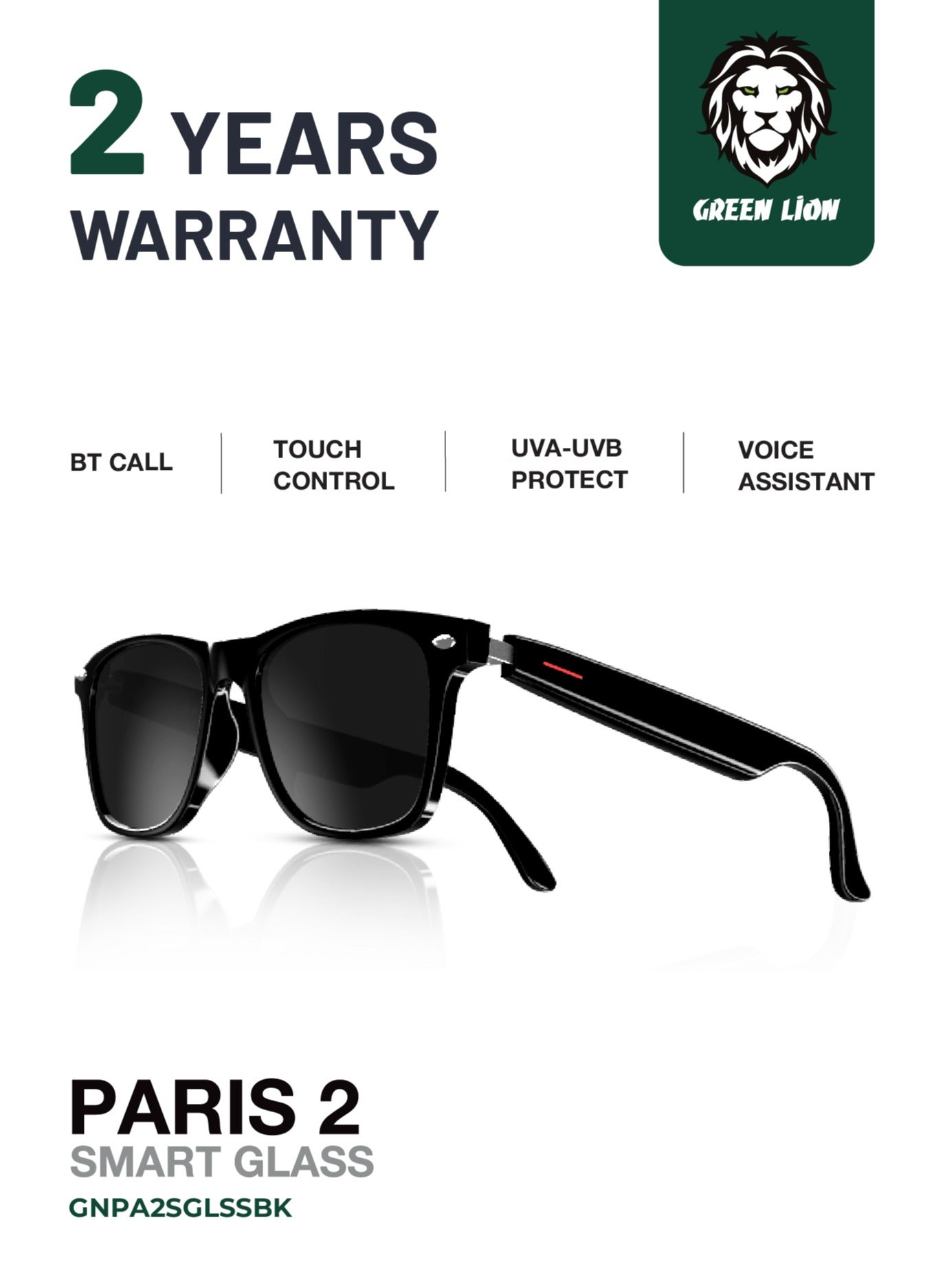 GREEN LION Paris 2 Smart Glass V5.3 Bluetooth / Call / Microphone / Play & Pause / Previous & Next / Voice Assistant / Function Button / 15m Bluetooth Distance - Black