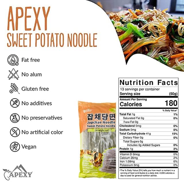 APEXY Sweet Potato Glass Noodles Straight Cut, Japchae Noodles, Korean Vermicelli Pasta, Fat-free and Gluten-free, 100% Sweet Potato Starch, No Additive, No Alum inside, 10.58oz (10.58 oz (Pack of 2)) - Image 2