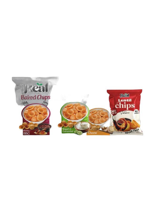 Real Chips - Yogurt & Cucumber Baked Chips – Refreshing & Crunchy High-Protein Snack, 60g Pack, No Preservatives, Light & Flavorful & Real Chips - Cheese Baked Chips – Crispy & Cheesy High-Protein Snack, 60g Pack , No Preservatives, Crunchy & Flavorful & Real Chips - Honey BBQ Baked Chips – Delicious High-Protein Snack, 60g Pack, No Preservatives, Crispy & Flavorfu & Real Chips - Lentil Chips – Tabasco Flavor, 60g Pack – 50% Less Fat, Never Fried, Crunchy & Spicy Healthy SnackBundle - Image 1