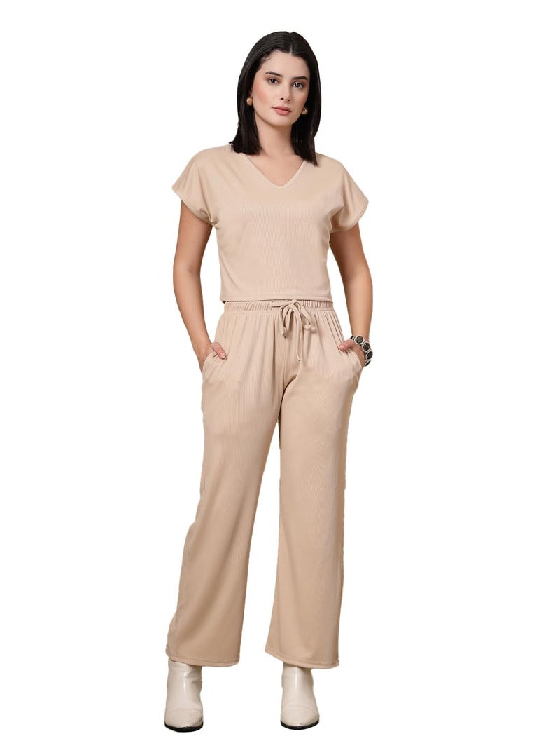 CHKOKKO Casual Co ord Set for Women Stylish Summer Wear Cord Half Sleeves V Neck Track Suit Latest Coords Travelling Outfit Western Ladies Co ords Beige XXL - Image 1