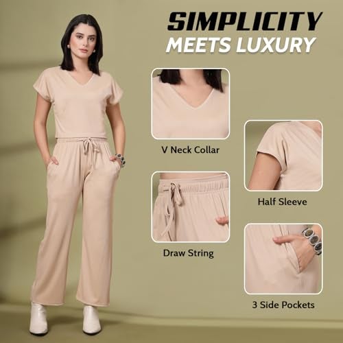 CHKOKKO Casual Co ord Set for Women Stylish Summer Wear Cord Half Sleeves V Neck Track Suit Latest Coords Travelling Outfit Western Ladies Co ords Beige XXL - Image 2