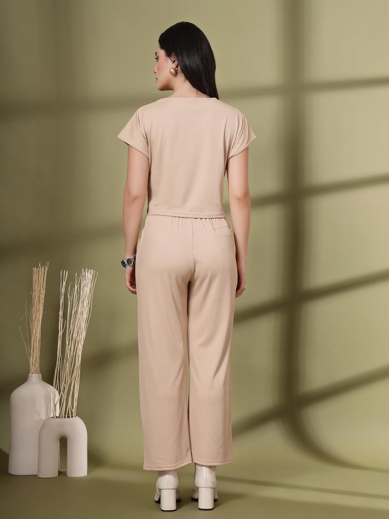 CHKOKKO Casual Co ord Set for Women Stylish Summer Wear Cord Half Sleeves V Neck Track Suit Latest Coords Travelling Outfit Western Ladies Co ords Beige XXL - Image 4