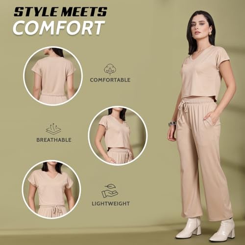 CHKOKKO Casual Co ord Set for Women Stylish Summer Wear Cord Half Sleeves V Neck Track Suit Latest Coords Travelling Outfit Western Ladies Co ords Beige XXL - Image 3