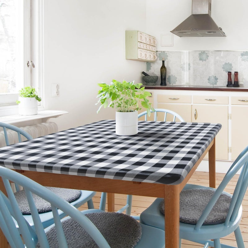 Sorfey Kitchen Tablecloth Fitted with Elastic Vinyl with Flannel Back Fits for Table 36 w x 60 L RectangleWater Proof Easy to Clean Checked Black Design