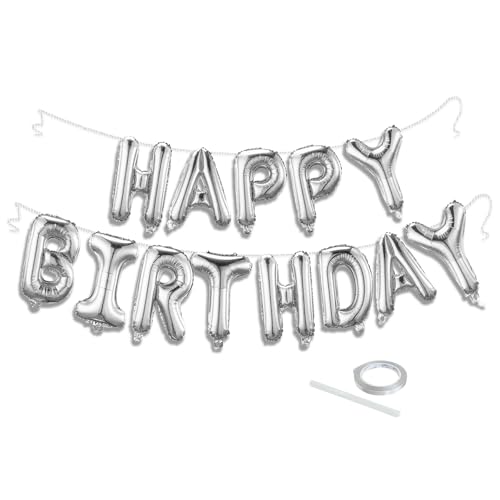 KEJ Silver Happy Birthday Balloon Banner Set 16 Inch Foil Letters Balloons Reusable Birthday Decorations and Party Supplies Suitable for Men and Womens Birthday DecorationsParty Backdrop - Image 1