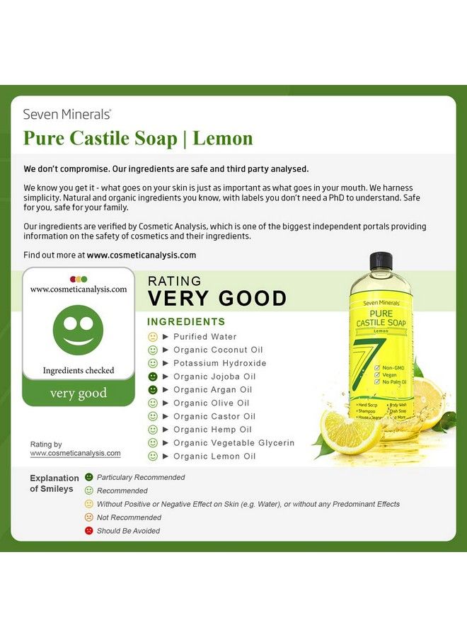 Seven Minerals Pure Castile Soap Lemon No Palm Oil Gmofree Gentle Liquid Soap For Sensitive Skin & Baby Wash All Natural Vegan Formula With Organic Carrier Oils (33.8 Fl Oz) - Image 3