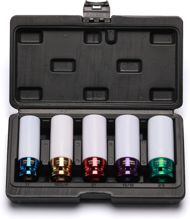 MIXPOWER 5 Pieces 1/2" Drive Wheel Protector Impact Socket Set, CR-MO, Metric/SAE, Thin Wall Deep Impact Socket Set, 6 Point, Color-Coded, 17mm, 19mm, 21mm, 13/16", 7/8" - Image 2