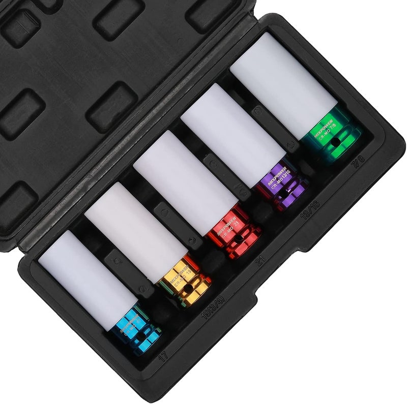 MIXPOWER 5 Pieces 1/2" Drive Wheel Protector Impact Socket Set, CR-MO, Metric/SAE, Thin Wall Deep Impact Socket Set, 6 Point, Color-Coded, 17mm, 19mm, 21mm, 13/16", 7/8" - Image 1