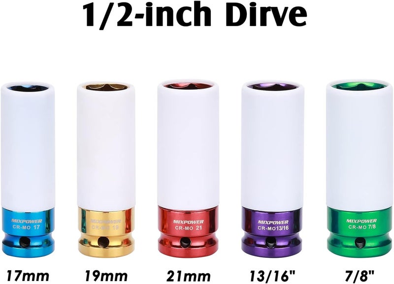 MIXPOWER 5 Pieces 1/2" Drive Wheel Protector Impact Socket Set, CR-MO, Metric/SAE, Thin Wall Deep Impact Socket Set, 6 Point, Color-Coded, 17mm, 19mm, 21mm, 13/16", 7/8" - Image 3