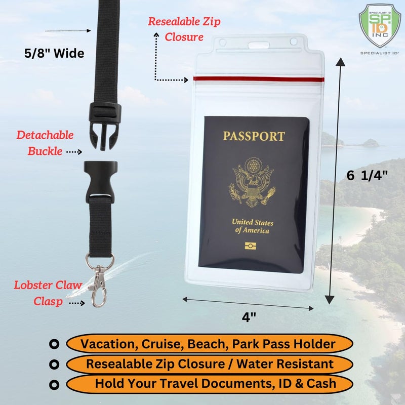 Specialist ID Passport Holders - 2 Pack - Heavy Duty Water and Tear Resistant Resealable Sleeves & Premium Breakaway Lanyard - 4X6 Insert for Vaccination Cards, Cruise, Travel, and Beach Vacation Documents (Black)  - Image 2
