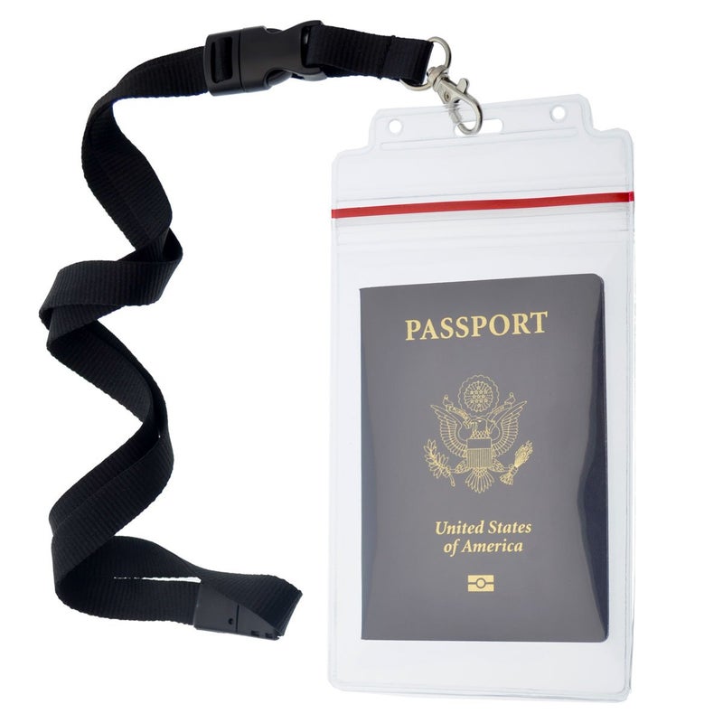 Specialist ID Passport Holders - 2 Pack - Heavy Duty Water and Tear Resistant Resealable Sleeves & Premium Breakaway Lanyard - 4X6 Insert for Vaccination Cards, Cruise, Travel, and Beach Vacation Documents (Black)  - Image 1