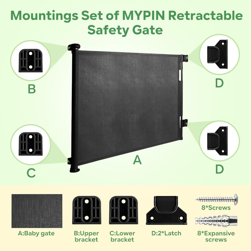 Mypin طقم قطع غيار بوابة الأطفال القابلة للسحب مع ملحقات تثبيت الحائط مع الأقواس والمثبتات والبراغي باللون الأسود - Image 3
