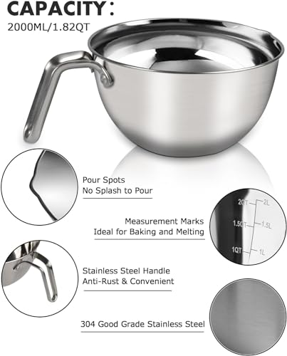 Marsheepy Double Boiler Pot Set,2000ML/1.8QT Mixing Bowl for Chocolate Melting, 2800ML/ 2.54QT 304 Stainless Steel Pot With Silicone Spatula for Melting Chocolate, Candy, Candle, Soap, Wax - Image 3
