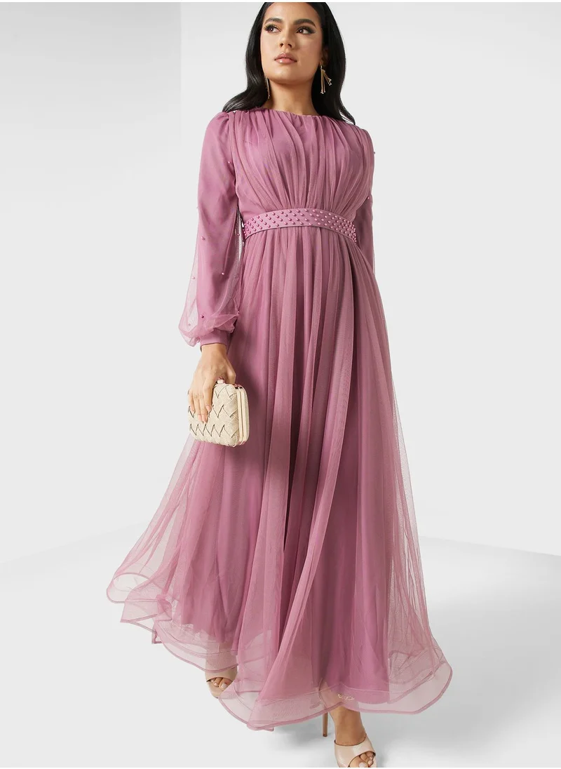 Khizana Embellished Belt Pleated Dress