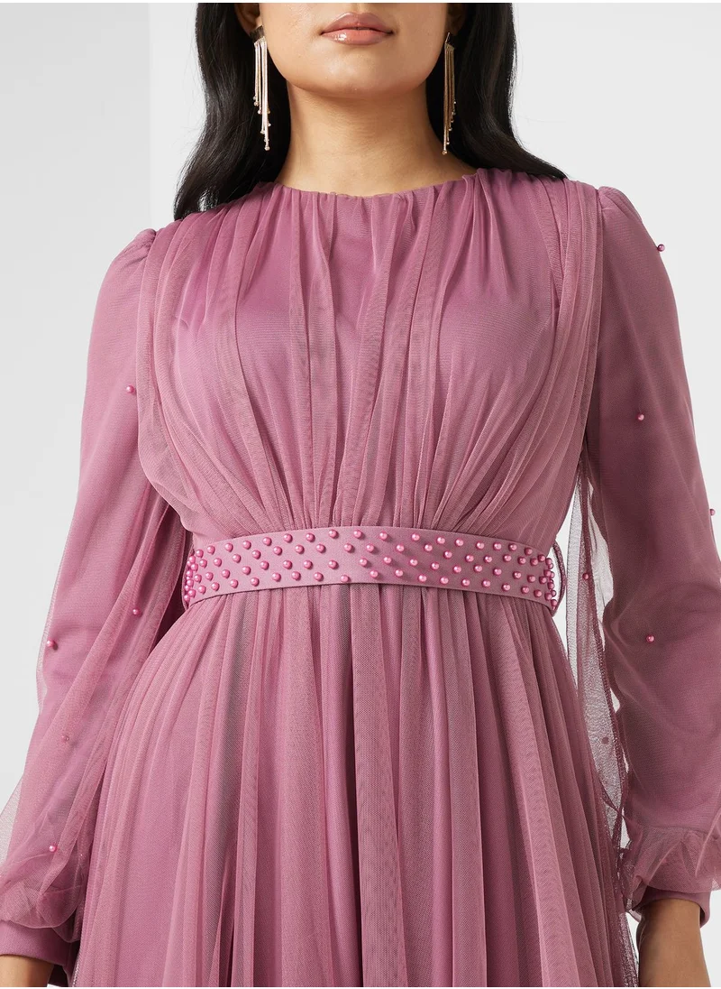 Khizana Embellished Belt Pleated Dress