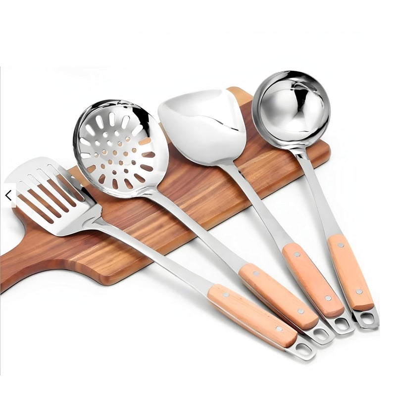 PLENARO Stainless Steel Cooking Utensil Set Slotted Spatula Skimmer Soup Ladle Plain Spatula Long Handle Pack of 4 - Image 1