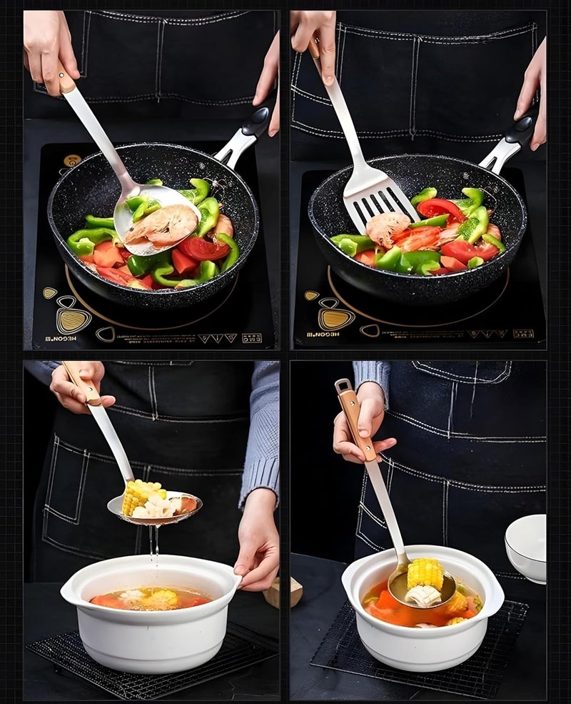 PLENARO Stainless Steel Cooking Utensil Set Slotted Spatula Skimmer Soup Ladle Plain Spatula Long Handle Pack of 4 - Image 2