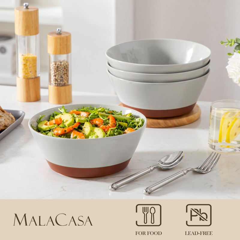 MALACASA طقم سلطانيات مالاكاسا من 4 قطع، سلطانيات حساء للمطبخ، وعاء سيراميك كبير سعة 60 أونصة للرامن، الحبوب، الفواكه، الفو، والمعكرونة، آمن للاستخدام في الميكروويف وغسالة الصحون، سلطانيات عميقة مرقطة، رمادي وبني - Image 4
