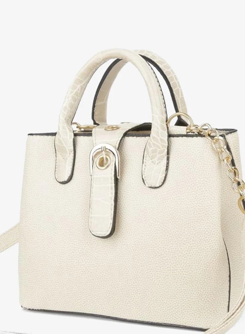 Women's Cream Box Croco Handle Strap 2-Compartment Snap Zipper Closure Hand and Shoulder Bag.