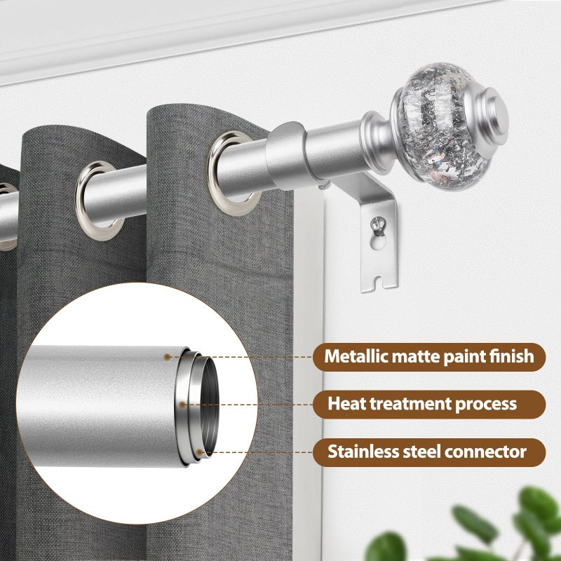 USFOOK 2 Pack Curtain Rod 32 to 58 Inches (2.6-4.8ft), USFOOK 7/8 Inch Telescoping Splicing Curtain rods for Windows 20 to 54 Inch, Silver Decorative Drapery Rods for Home with Translucent Finials - Image 4