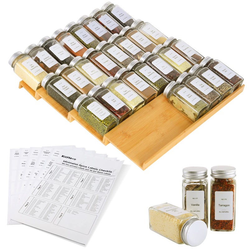 KitHero Spice Drawer Organizer with 28 Spice Jars216 Labels25 Nonslip Rubber Bamboo 4 Tier Seasoning Rack Tray Insert for Kitchen DrawersCabinetsCountertop146 Wide x 158 Deep