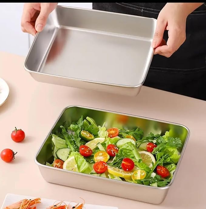 SHREVI Stainless Steel Food Storage Container with LidsOven Tray Pan Stainless Steel Rectangle Plate with Lid Perfect for Baking CookingStainless Steel Square Plate with Lid - Image 2