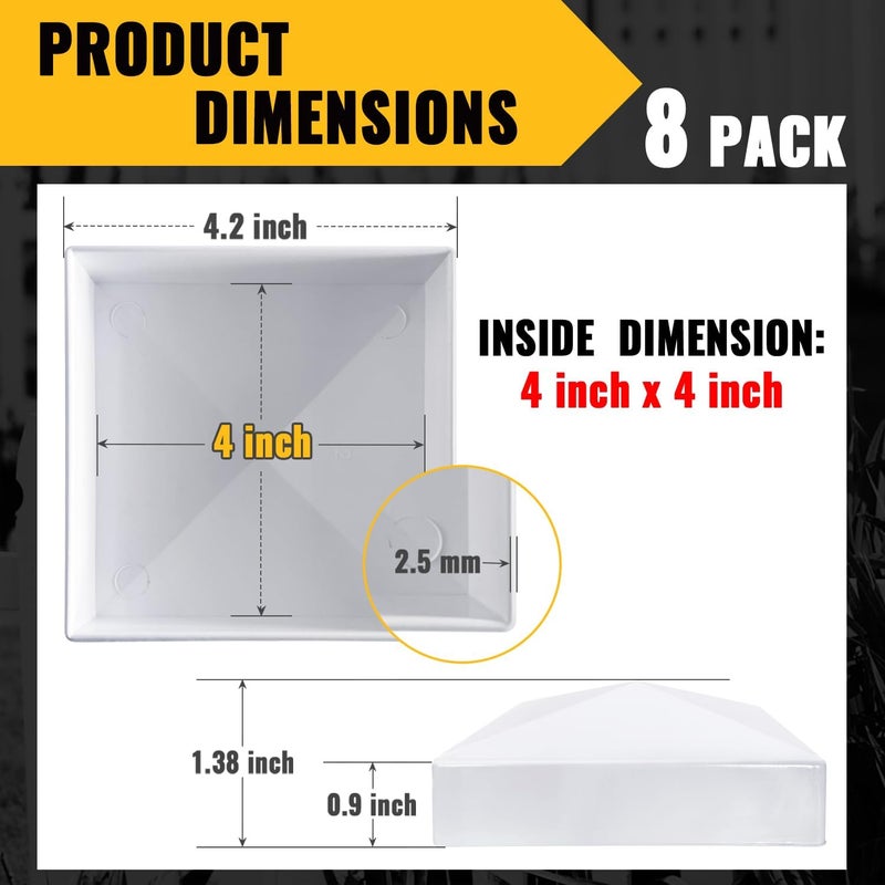 VIVIDA 4" x 4" Vinyl Post Caps (8-Pack), Pyramid White PVC Fence Post Caps for Actual 4" x 4" Vinyl Fence, Deck, Mailbox - Image 2