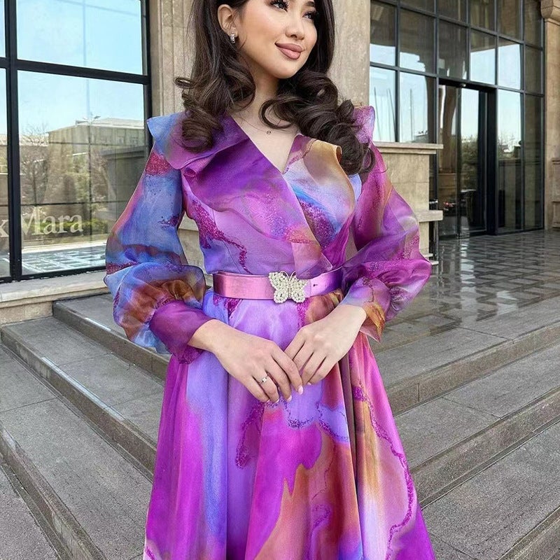 High-end dress high-grade beautiful ink color classical large swing dress double-layer lotus collar high waist fairy dress Purple  - Image 5