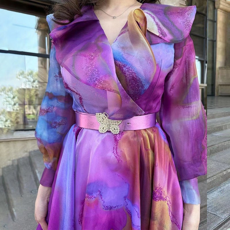 High-end dress high-grade beautiful ink color classical large swing dress double-layer lotus collar high waist fairy dress Purple  - Image 4