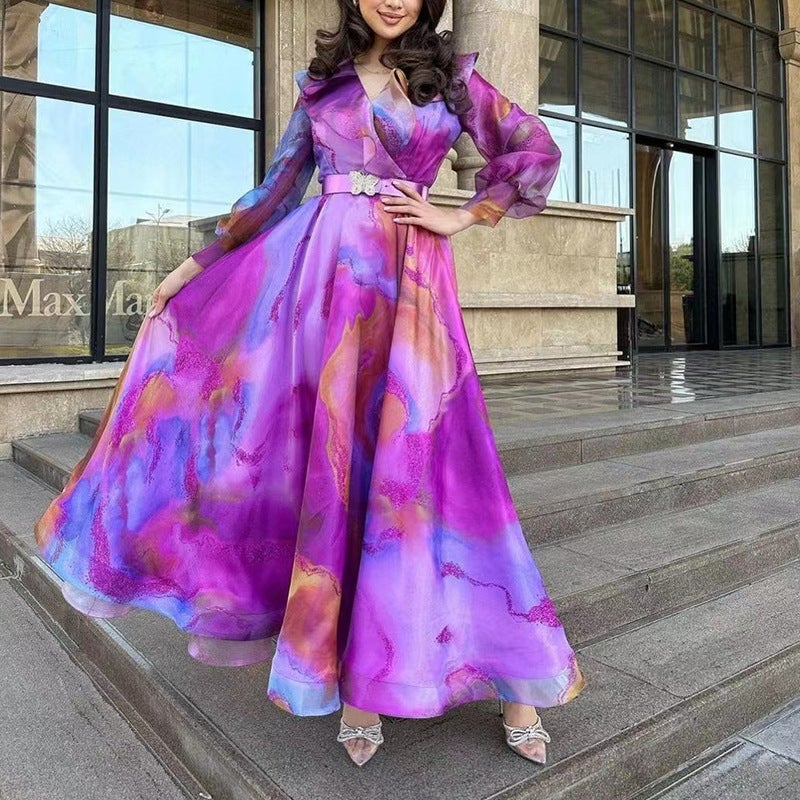 High-end dress high-grade beautiful ink color classical large swing dress double-layer lotus collar high waist fairy dress Purple  - Image 2