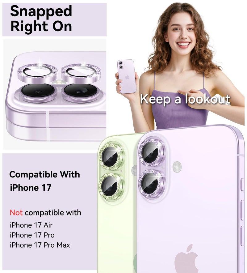 Matekxy for iPhone 17 Camera Lens Protector Glitter - Cute Girly Metal Individual Bling Ring Cover for Women, 9H Anti-Scratch Tempered Glass with Aluminum Edging, Lavender - Image 2