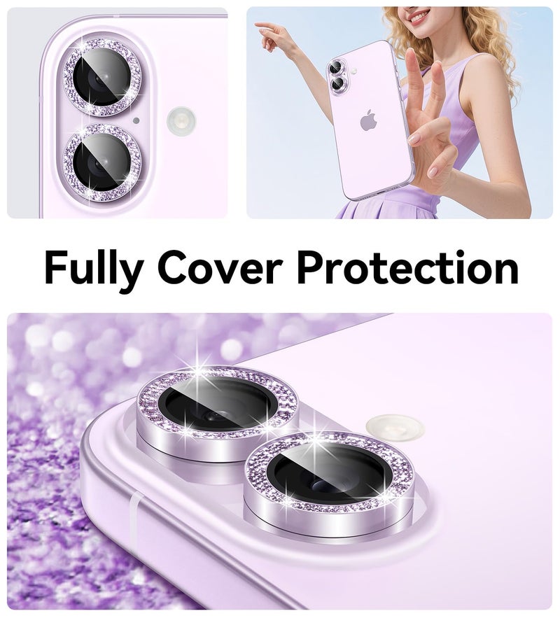 Matekxy for iPhone 17 Camera Lens Protector Glitter - Cute Girly Metal Individual Bling Ring Cover for Women, 9H Anti-Scratch Tempered Glass with Aluminum Edging, Lavender - Image 5