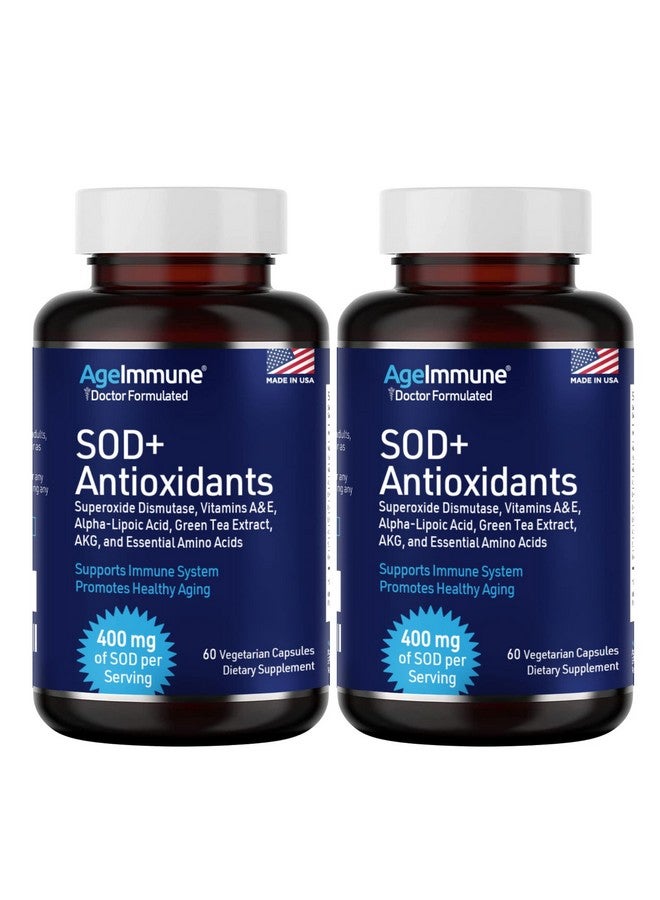AgeImmune SOD Antioxidants Complex Healthy Aging Supplement, 400mg of Superoxide Dismutase, Alpha Lipoic Acid, Green Tea Extract, L-Arginine, Lysine, AKG, Vitamin A, Vitamin E - 60 Capsules -2 Bottles - Image 1