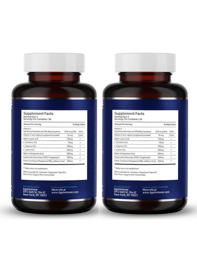 AgeImmune SOD Antioxidants Complex Healthy Aging Supplement, 400mg of Superoxide Dismutase, Alpha Lipoic Acid, Green Tea Extract, L-Arginine, Lysine, AKG, Vitamin A, Vitamin E - 60 Capsules -2 Bottles - Image 2