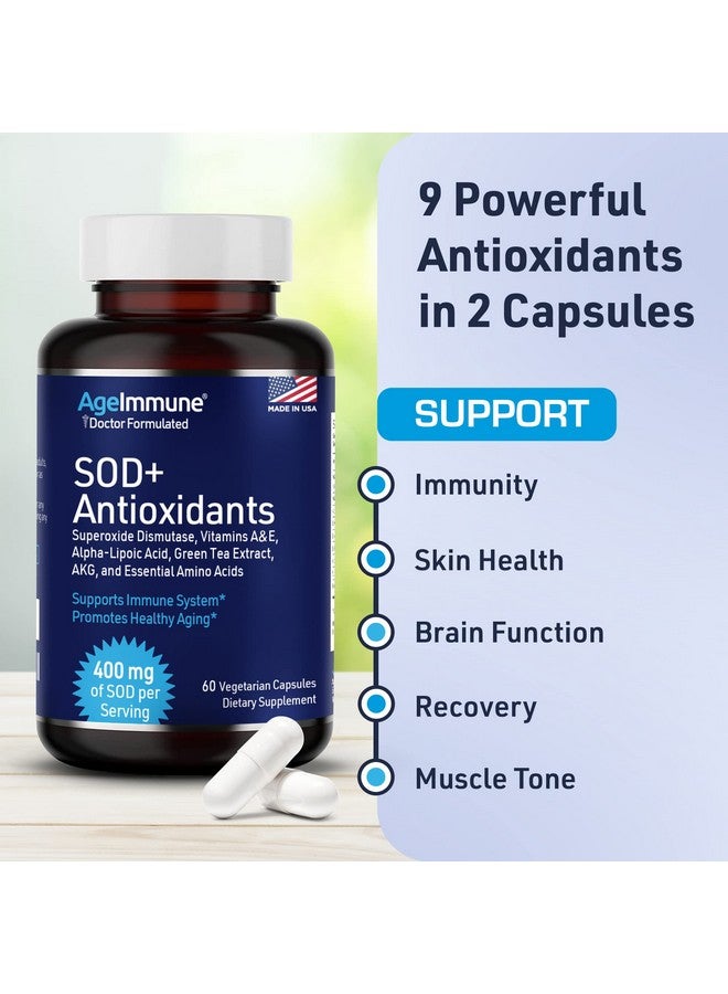 AgeImmune SOD Antioxidants Complex Healthy Aging Supplement, 400mg of Superoxide Dismutase, Alpha Lipoic Acid, Green Tea Extract, L-Arginine, Lysine, AKG, Vitamin A, Vitamin E - 60 Capsules -2 Bottles - Image 4
