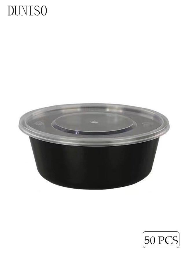 DUNISO - 50-Pieces，625ml Thickened Meal Prep Containers,Reusable Heatable Food Storage Circular Containers WIth Lids For Packing,Storage,14.9*10.5*5.5CM,Black - Image 1